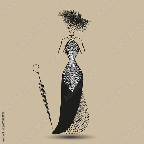 Picture black evening dress
Illustration on pastel background model black evening dress with a hat and an umbrella for decoration and design
