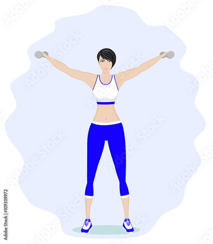 The girl involved in fitness with dumbbells