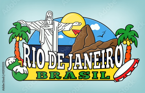 Rio de Janeiro colorful background vector template. Brazil. Palms, sea, coconuts, mountains, sun, hang-glider, birds.