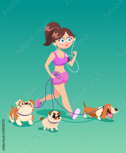 Running woman with dogs.