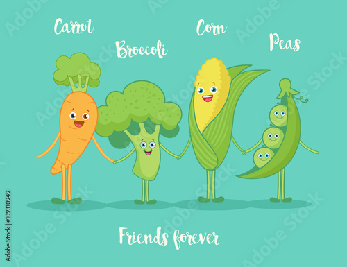 Funny vegetables holding hands.