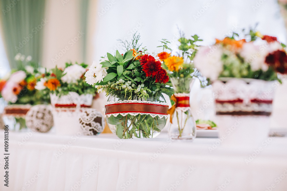 Beautiful flowers on table in wedding day