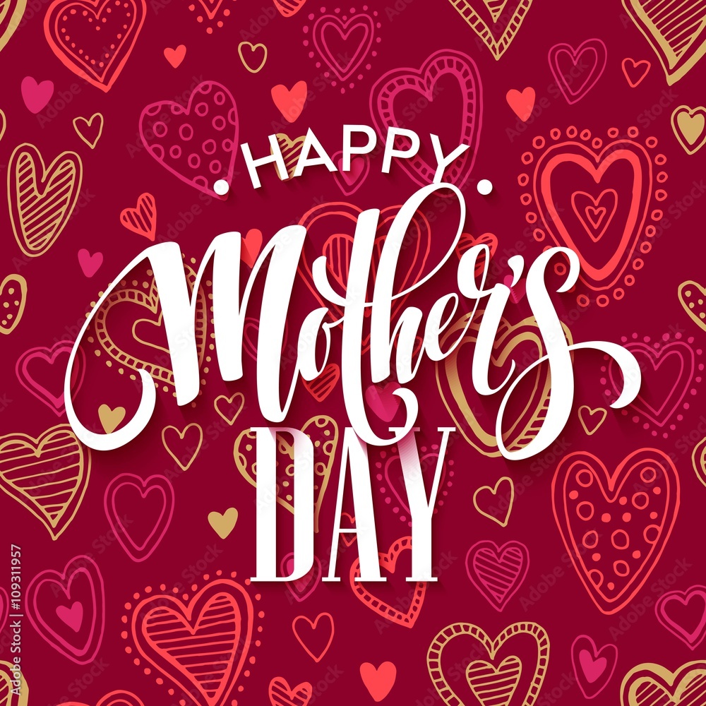 Mothers day lettering card with red seamless background and handwritten text message. Vector illustration
