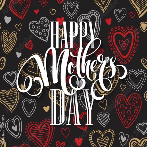 Mothers Day vector greeting card. Hand drawn calligraphy lettering title with heart seamless pattern. Black background.
