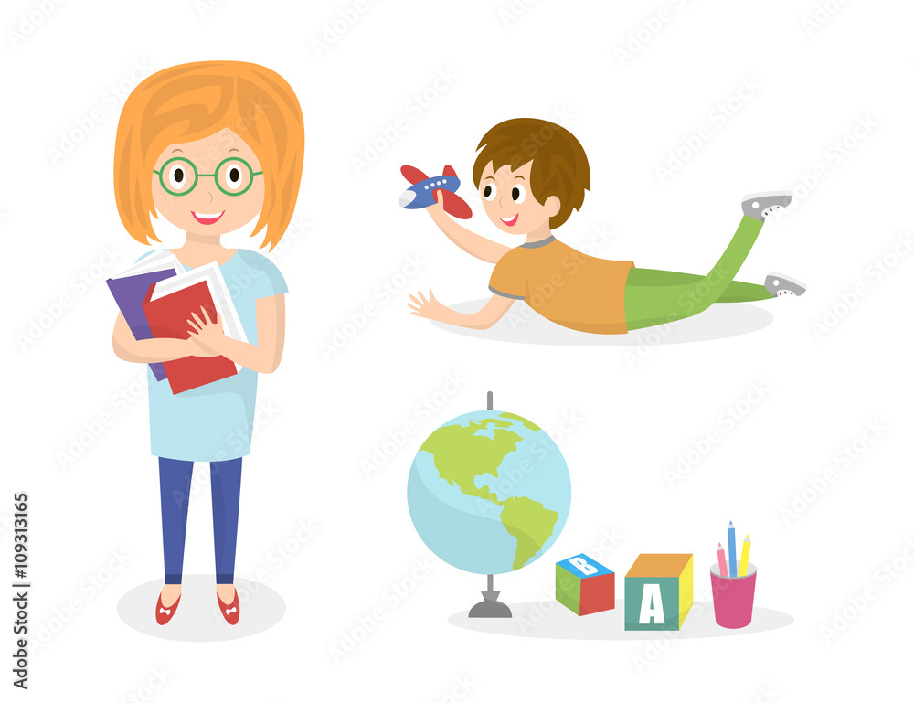Kids doing different activities. Children painting and study. Vector illustration Kids doing different activities. Children painting and study. Vector illustration