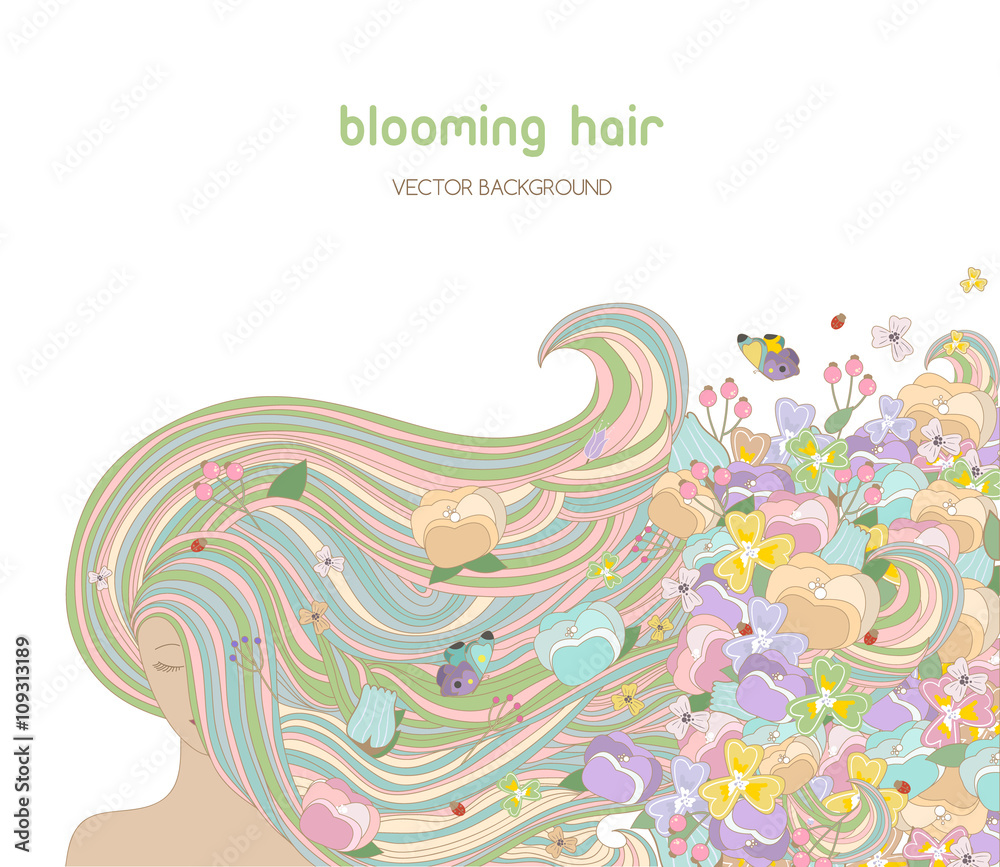 Obraz premium Beautiful woman with Blooming hair. Vector ornate illustration with flowers in hair