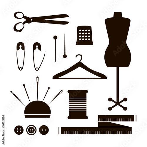 Set of tailor tools silhouette. Vector sewing items collection isolated on white