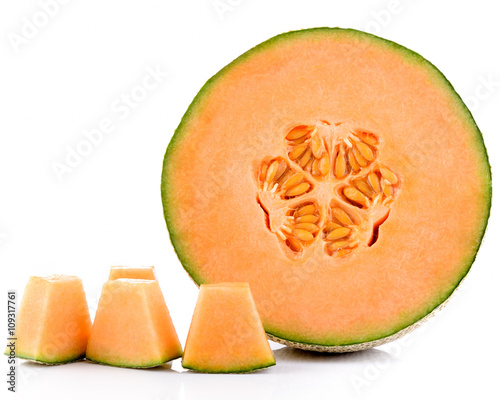 cantaloupe melon slices on white background