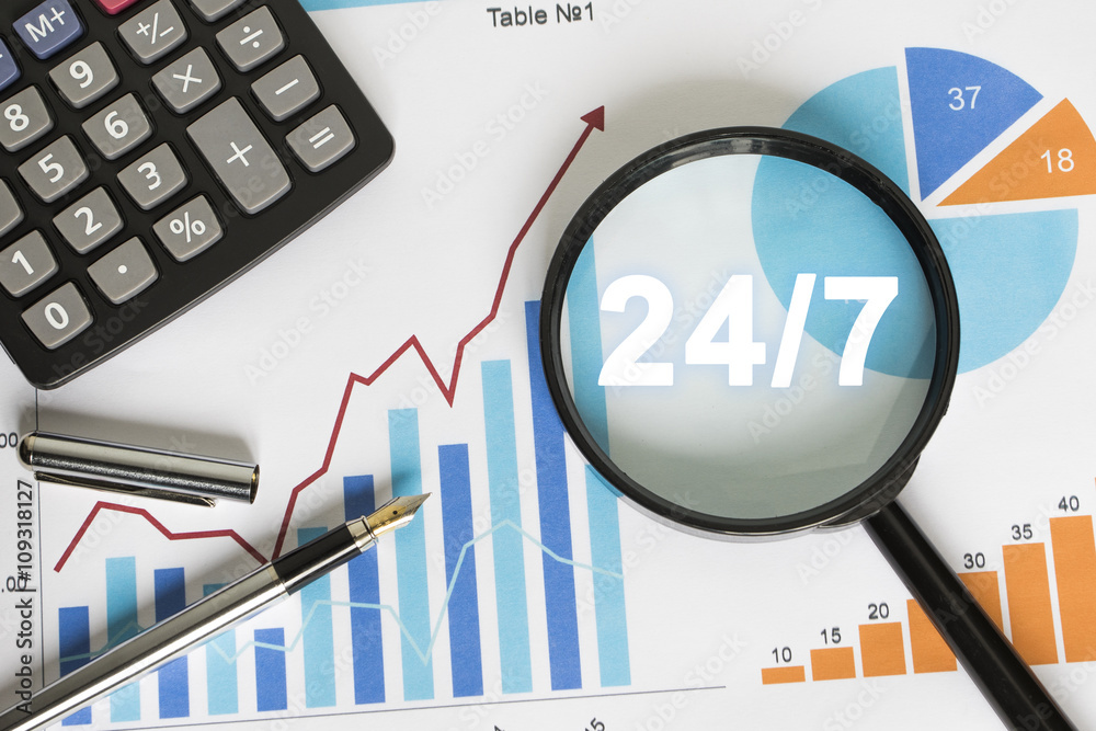 Business icon search loupe magnifier 24 hours service chart Business icon search loupe magnifier 24 hours service chart