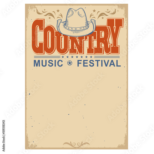 Poster music festival background with cowboy hat.Vector isolated
