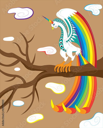 The bird a unicorn a rainbow sits on a tree branch