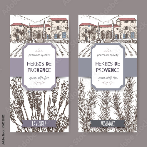 Two Herbes de Provence labels with mansion, lavender and rosemary 