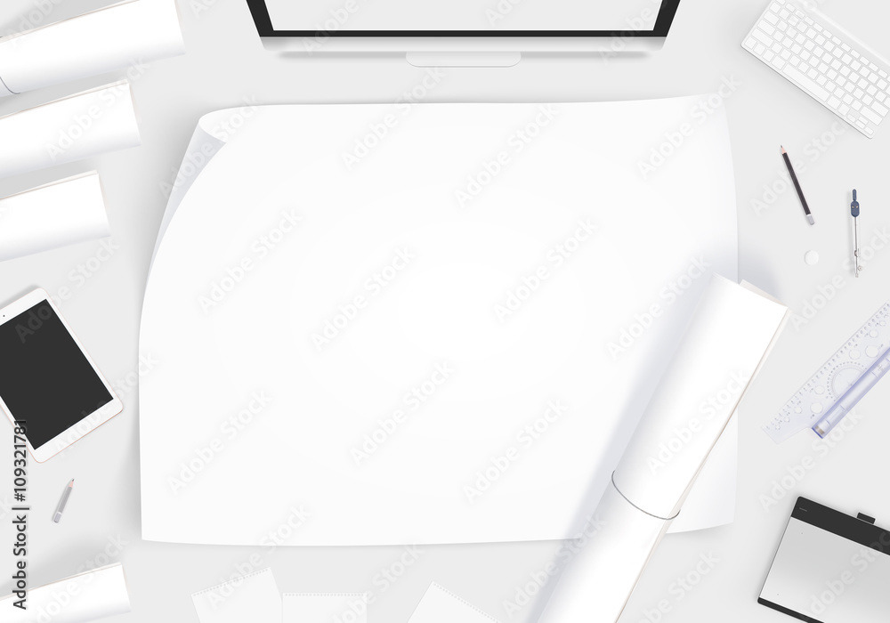 Creative designer desk with blank paper whatman mockup. Showing design presentation on artist workplace mock up. Developer table surface with creativity equipment. Business space workshop draft desk. Creative designer desk with blank paper whatman mockup. Showing design presentation on artist workplace mock up. Developer table surface with creativity equipment. Business space workshop draft desk.