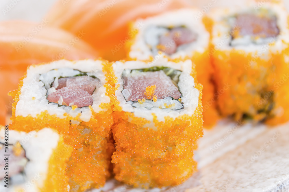 homemade sushi with salmon, cream cheese Philadelphia, Japanese homemade sushi with salmon, cream cheese Philadelphia, Japanese