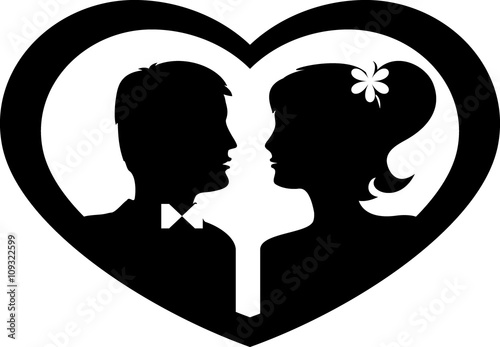 Silhouettes of loving couple in heart. Black against white background. Vector