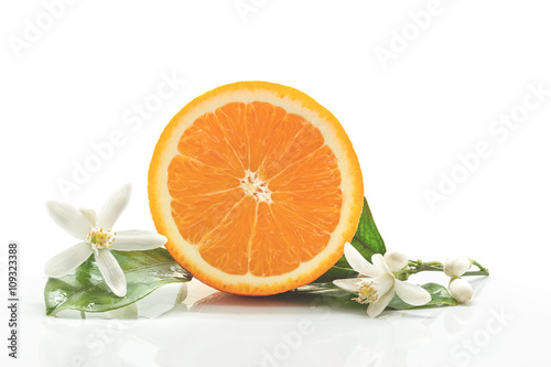 Orange fruit with leaves and blossom isolated on a white backgro