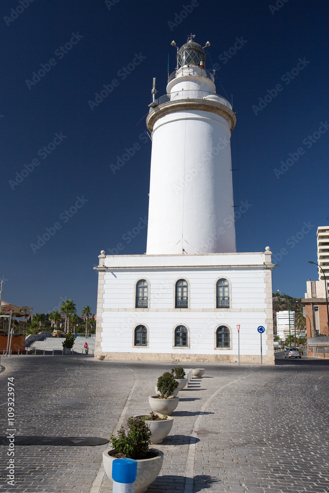 White lighthouse in Malaga, Spain