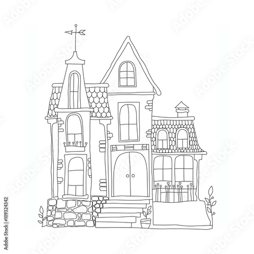 black and white illustration in cartoon style mansion
