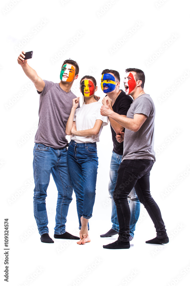 Group of football fans support their national team: Belgium, Italy, Republic of Ireland, Sweden take selfie photo on white background. European football fans concept.