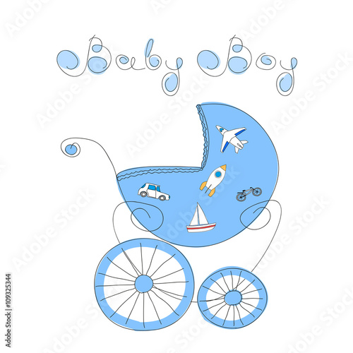Baby boy arrival card with hand drawn retro styled baby carriage and handwritten words Baby Boy, vector illustration