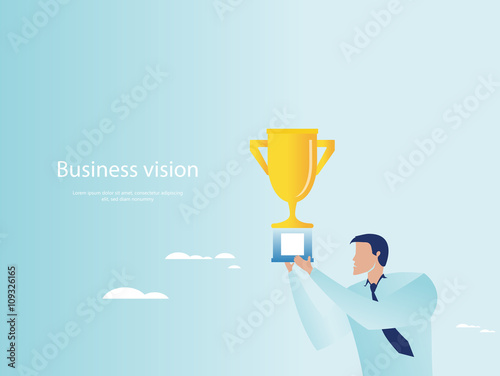 Triumph in business. Businessman holding trophy