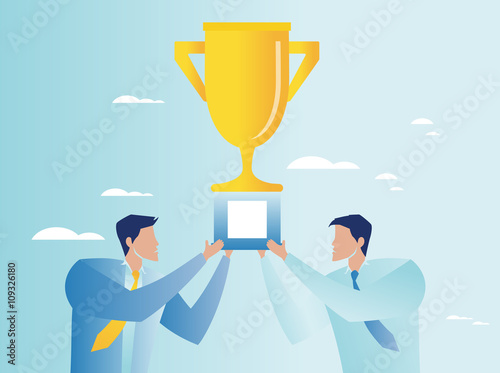 Triumph in business. Businessmen holding trophy