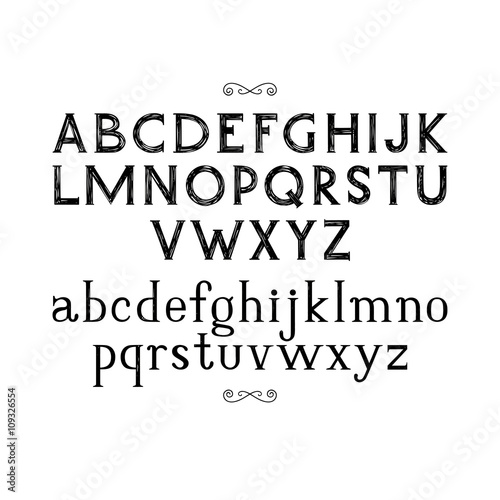 Hand drawn alphabet. Serif elegant light font. Vector illustration.