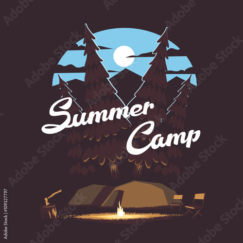 Vector summer illustration summer camp with a campfire and tents on the background of the night forest, mountains and the moon