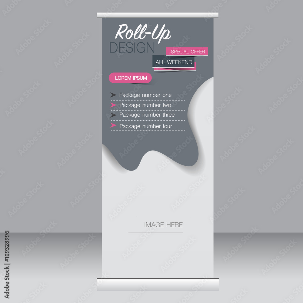 Roll up banner stand template. Abstract background for design, business, education, advertisement. Pink and grey color. Vector illustration. Roll up banner stand template. Abstract background for design, business, education, advertisement. Pink and grey color. Vector illustration.