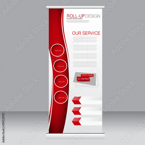 Roll up banner stand template. Abstract background for design,  business, education, advertisement. Red color. Vector  illustration.