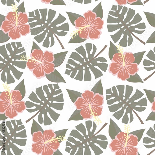 seamless tropical leaves and flowers - monstera and hibiscus
