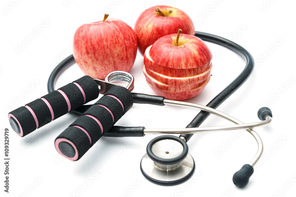 Red apple and sport equipments and stethoscope ,Diet plan health Red apple and sport equipments and stethoscope ,Diet plan health