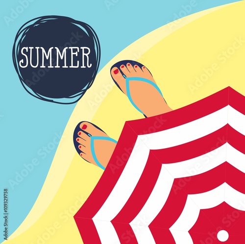 vector background feet in slippers on the background of the beach and the beach umbrella top view. Summer Time Background. Sunny Beach in Flat Design Style Vector Illustration