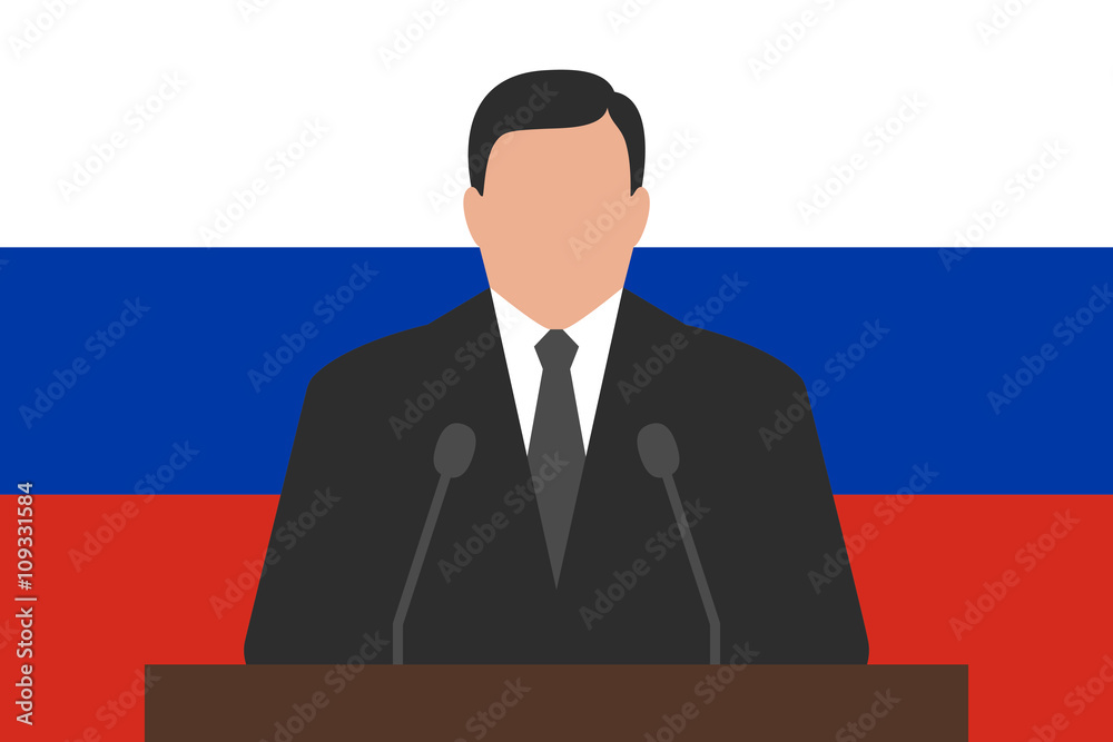 Politician behind podium, flag of Russia at background Politician behind podium, flag of Russia at background