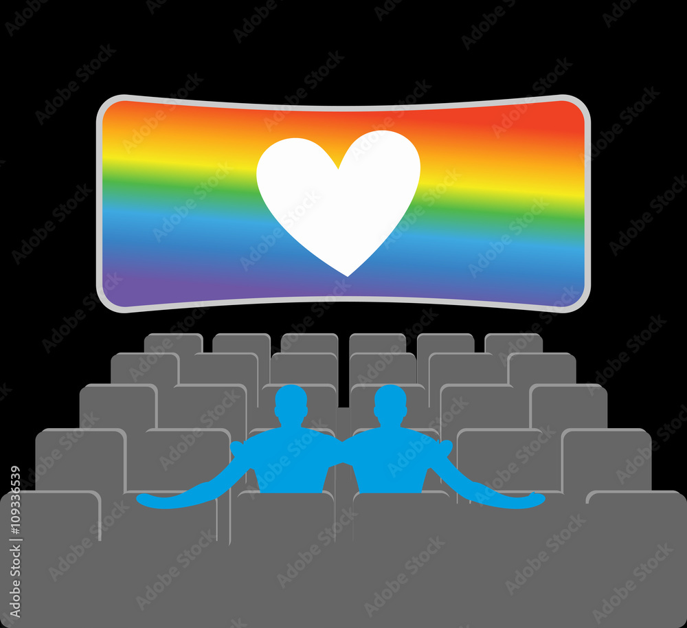 Gays in theater. Two blue men in cinema hall. Places for kisses