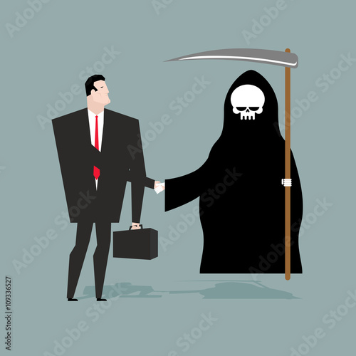 Deal with death. Businessman and Grim Reaper make transaction. S
