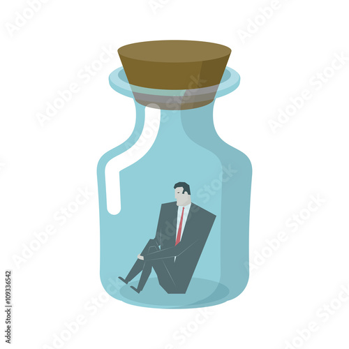 Businessman in glass jar. Boss in bottle. Desperate situations.