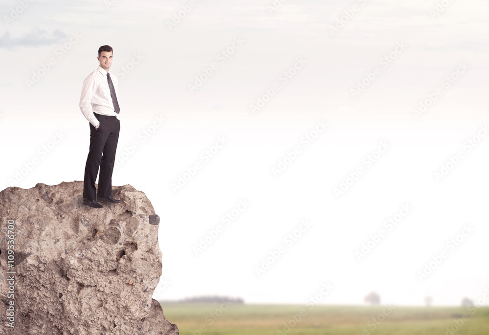Happy salesman on cliff in the country Happy salesman on cliff in the country
