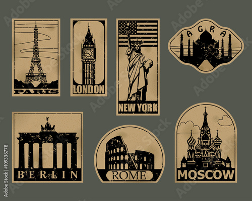 Vintage paper landmarks travel labels