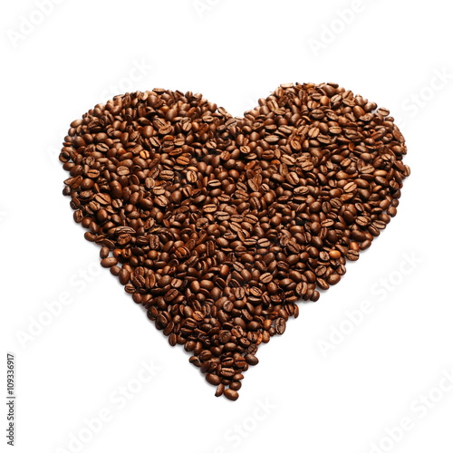 Coffee beans in heart shape white background isolated