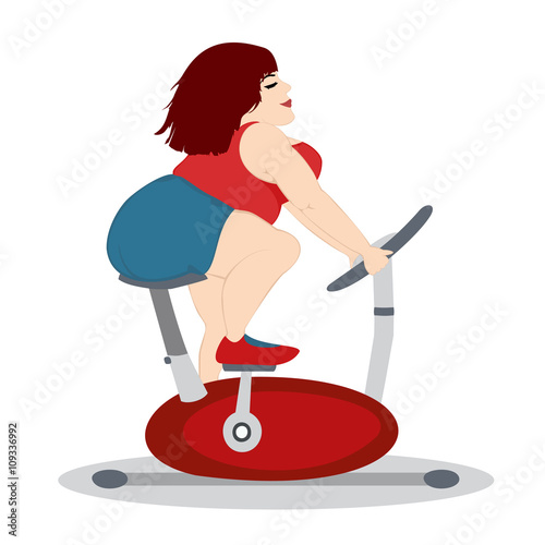 The fat girl is training on a stationary bike. Isolated on a white background. Square location. Vector illustration.