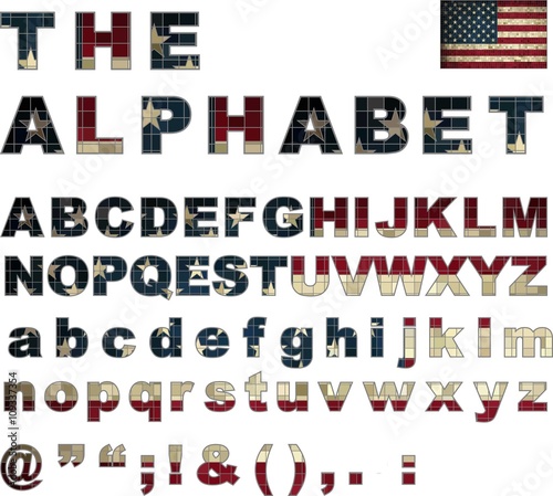 USA flag font - Illustration,  
Stylized alphabet with flag of United States, 
Flag Of English Alphabet,
Font with the United States flag, 
Stylized alphabet, 
Vector USA alphabet letters set