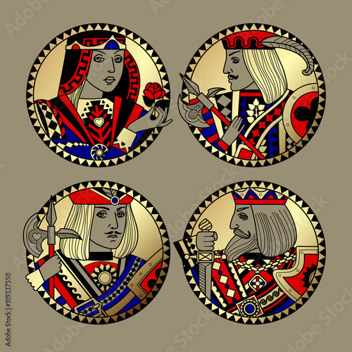 Round shapes with faces of playing cards characters
