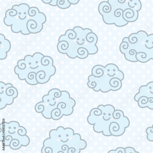 Seamless pattern with funny cartoon clouds on blue peas background. 