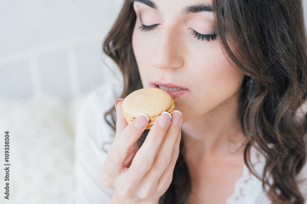 Beautiful young woman in white negligee in the morning Beautiful young woman in white negligee in the morning