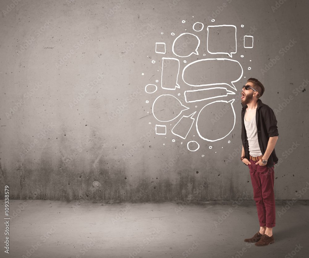 Shouting hipster with empty speech bubble