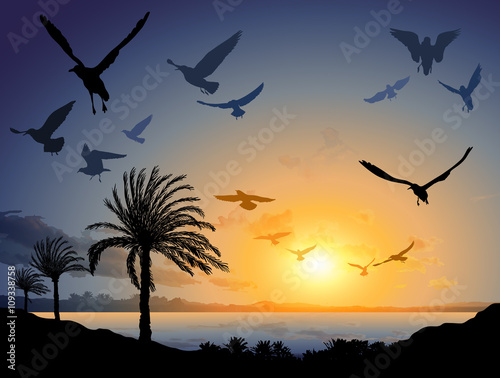 Tropical sea landscape with flock of flying bird