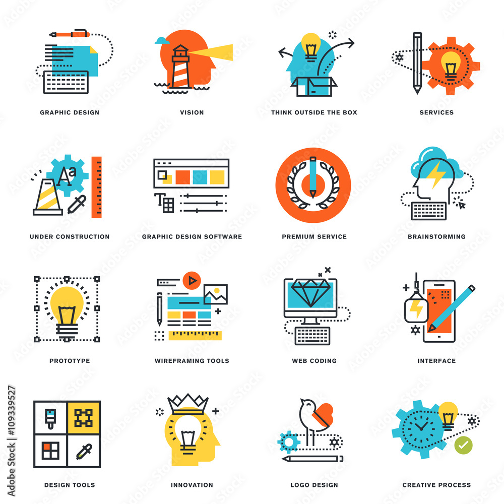 Set of flat line design icons of graphic design, tools and creative ...
