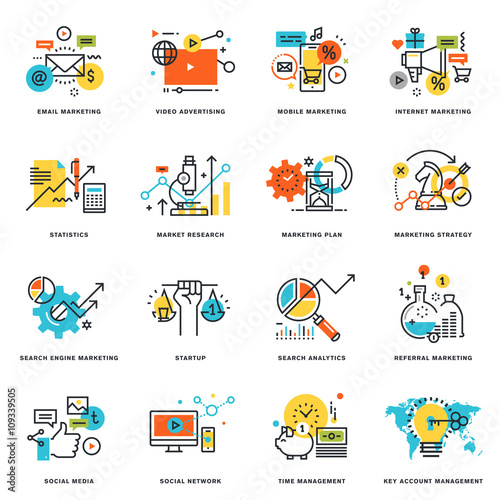 Set of flat line design icons of internet marketing and online business. Vector illustration concepts for graphic and web design and development, isolated on white.