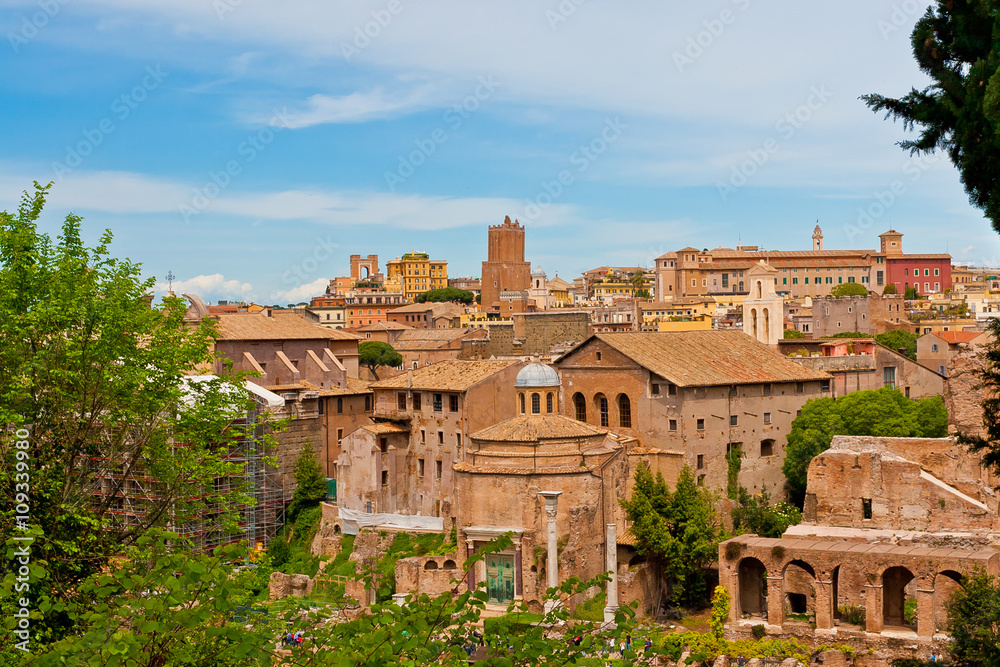 Rome cityscape with Roman Forum view.